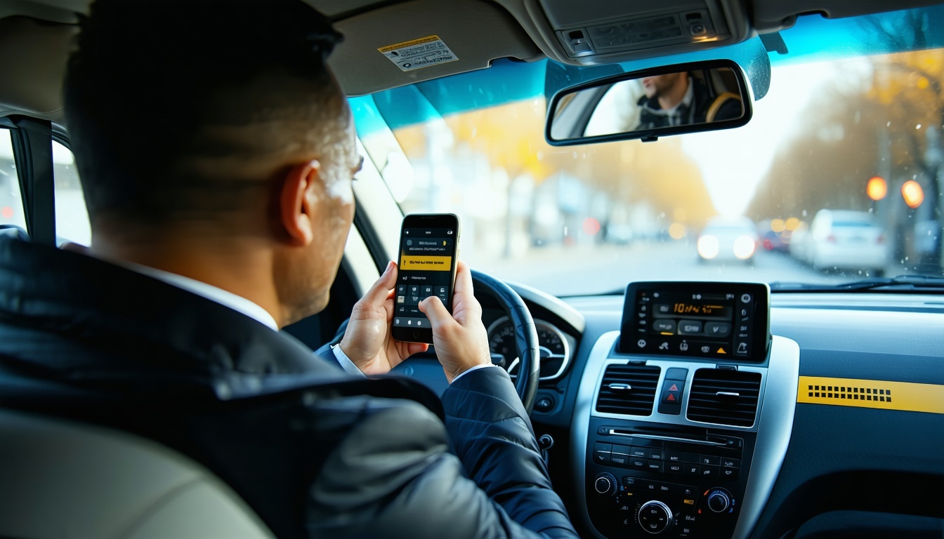 Taxi driver using smartphone for digital marketing